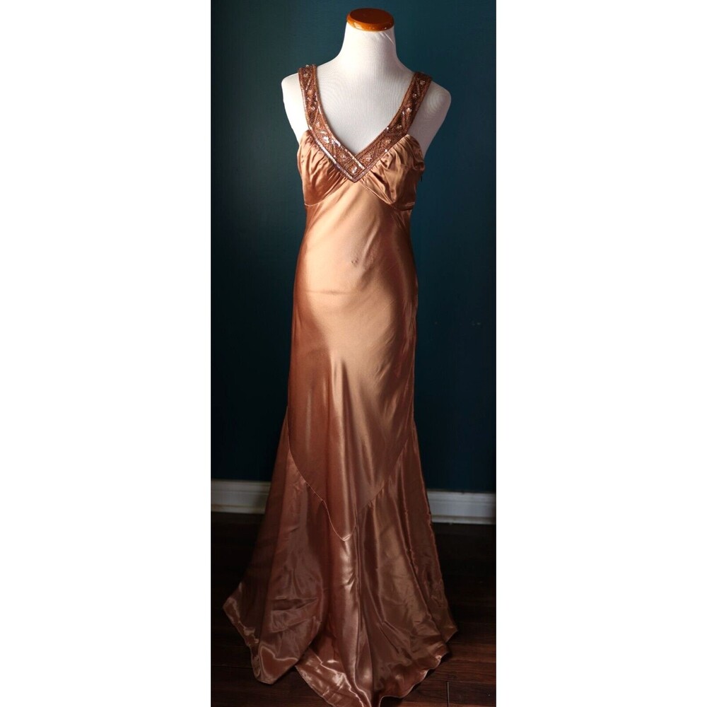 Vintage Niki Livas Y2K Bronze Gold Satin Beaded Pin Up Formal Glam Dress Size 10